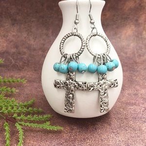 🍀 Hammered Cross Turquoise Beaded Silver Dangle Earrings